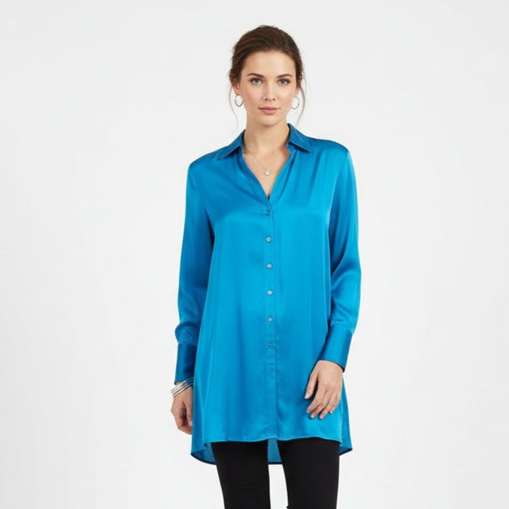 Neiman Marcus 100% Silk Blue Button Front & Back Oversized Blouse Top L